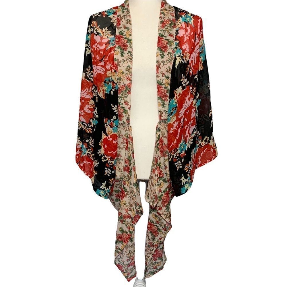 Boutique Multicolor Sheer Floral Waterfall Front Kimono Cardigan One Size